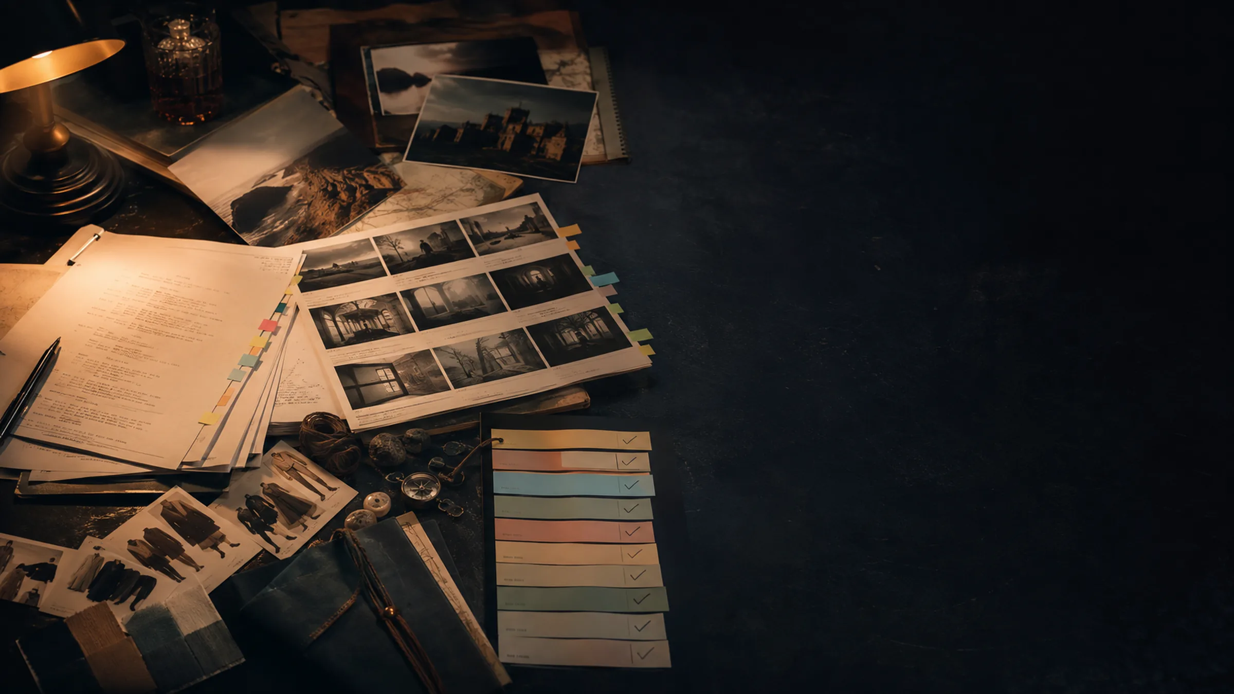 Screenplay, storyboard and production materials on a worktable